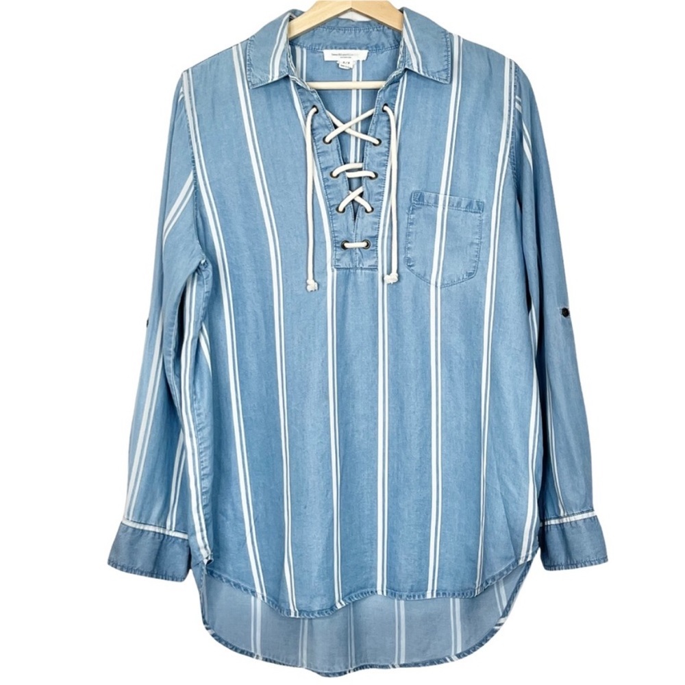 Anthropologie Beach Lunch Lounge Chambray Striped Lace Up Blouse